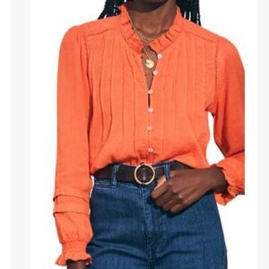 Faherty Willa Boho Ruffle ButtonUp Top Carmine Lightweight Organic Cotton XS NWT